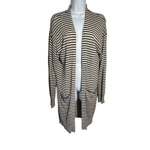 Monrow womens striped duster cardigan knit sweater Large White tan Black NWT